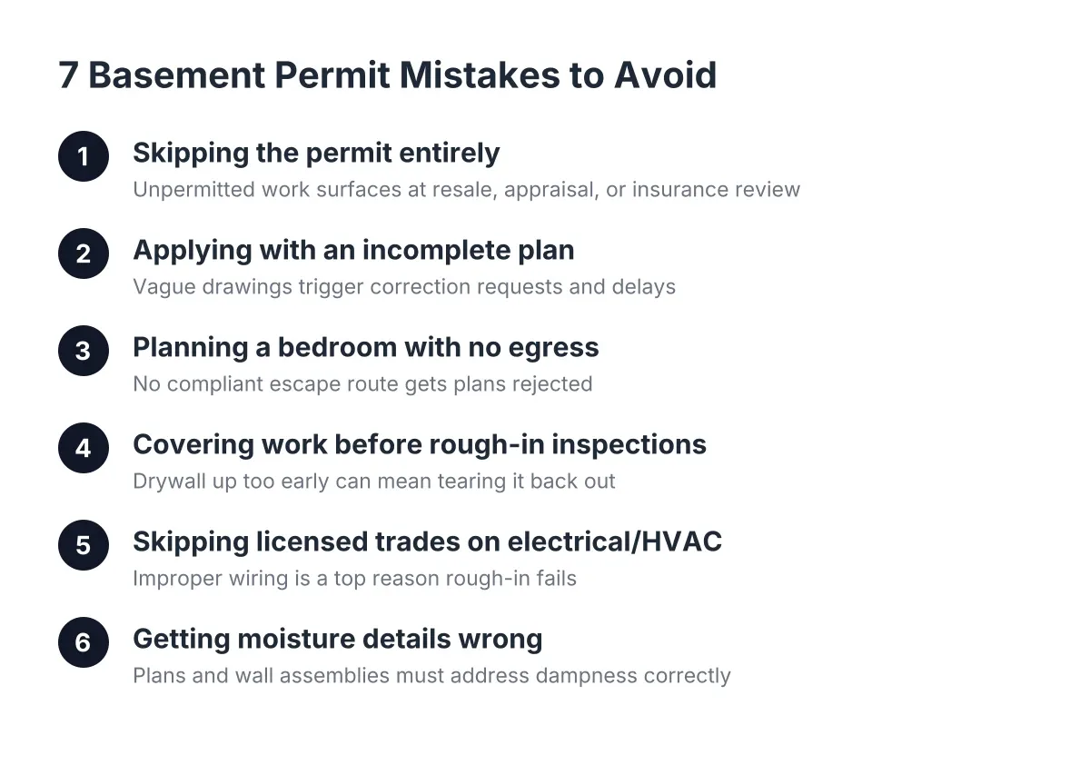 Steps showing common basement permit mistakes that delay Minneapolis approvals