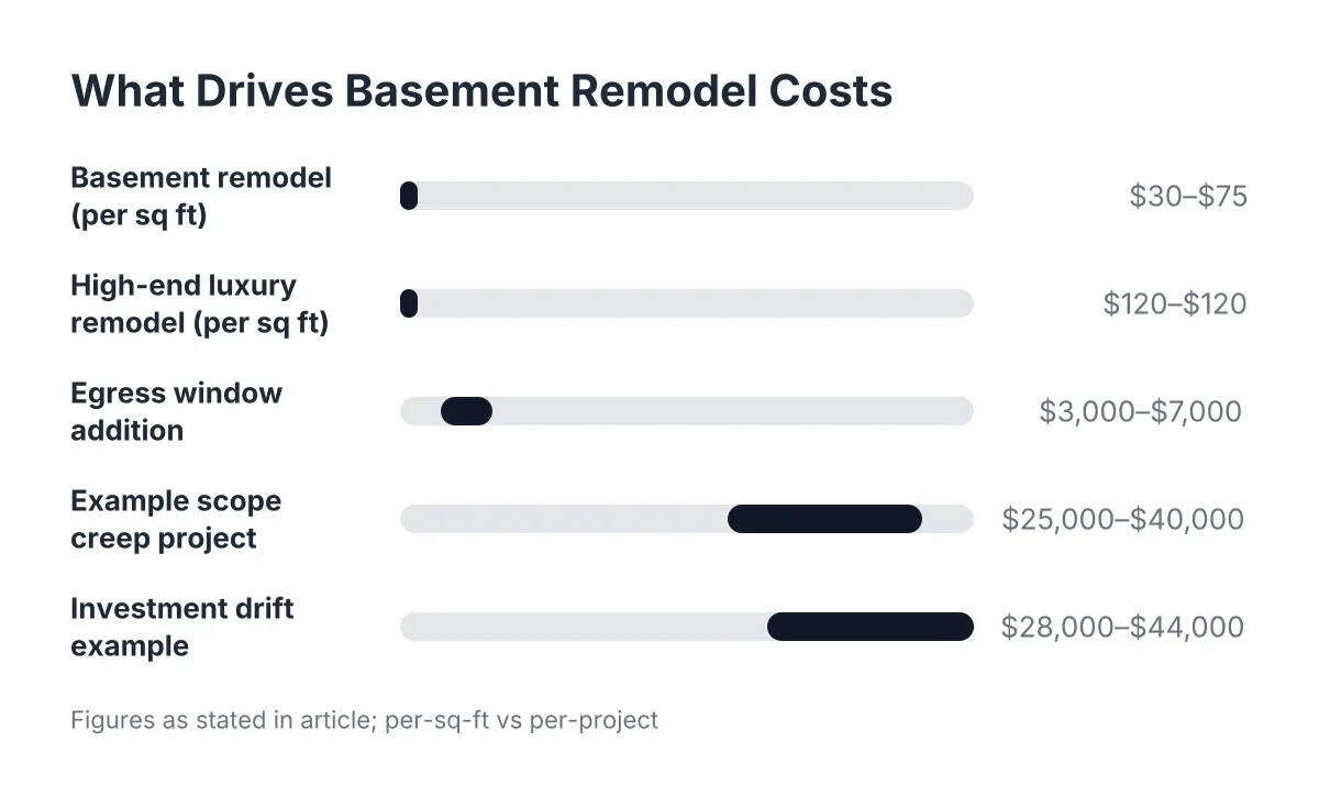 Cost range chart for basement remodel scope creep and upgrade factors