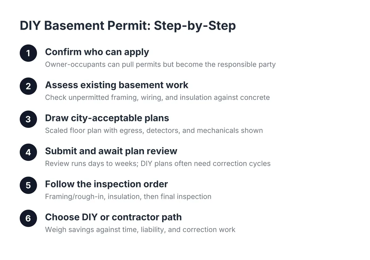 Six-step process for applying for a DIY basement permit versus a contractor pulling it